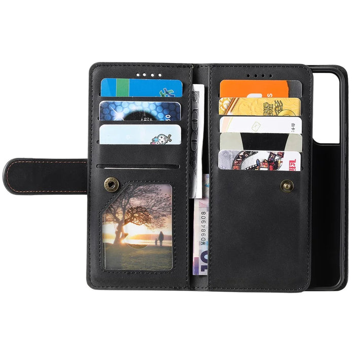 Shockproof Mobile Phone Wallet Phone Case Zipper Pocket Stand Phone Cover with Carrying Strap for Samsung Galaxy S22 5G - Black - 4