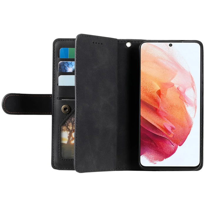 Shockproof Mobile Phone Wallet Phone Case Zipper Pocket Stand Phone Cover with Carrying Strap for Samsung Galaxy S22 5G - Black - 5