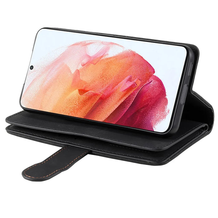 Shockproof Mobile Phone Wallet Phone Case Zipper Pocket Stand Phone Cover with Carrying Strap for Samsung Galaxy S22 5G - Black - 6