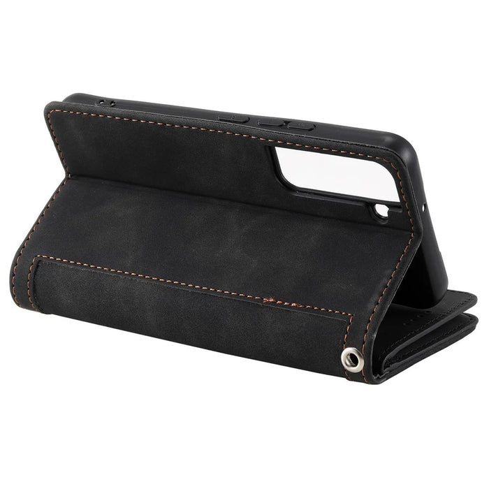 Shockproof Mobile Phone Wallet Phone Case Zipper Pocket Stand Phone Cover with Carrying Strap for Samsung Galaxy S22 5G - Black - 7