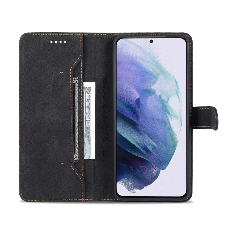 AZNS Mobile Phone Shell PU Leather Flip Wallet Case Stand Shockproof TPU Inner Phone Cover for Samsung Galaxy S21 FE 5G - Black - 4