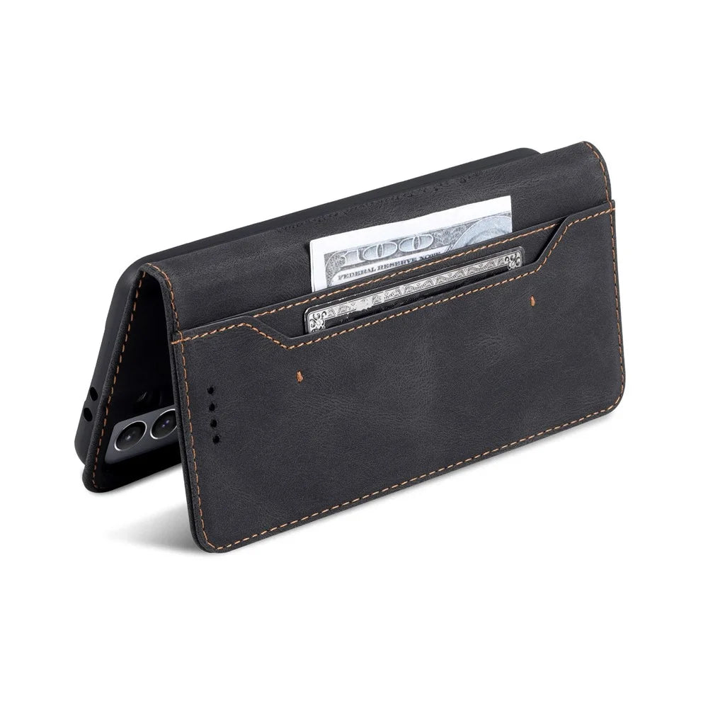 AZNS Mobile Phone Shell PU Leather Flip Wallet Case Stand Shockproof TPU Inner Phone Cover for Samsung Galaxy S21 FE 5G - Black - 6