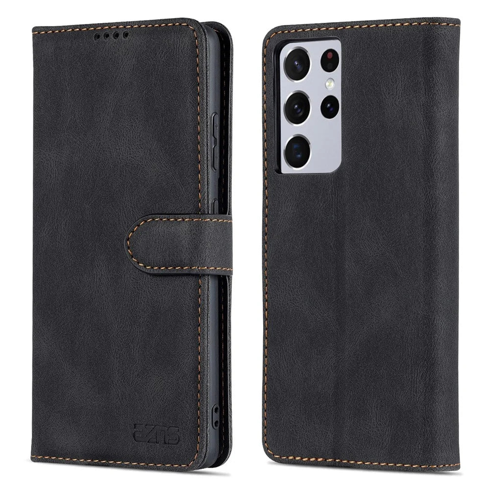 AZNS Magnetic Closure PU Leather Flip Wallet Case Stand Shockproof TPU Inner Shell Phone Cover for Samsung Galaxy S21 Ultra 5G - Black - 1