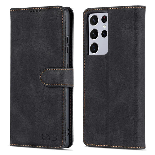 AZNS Magnetic Closure PU Leather Flip Wallet Case Stand Shockproof TPU Inner Shell Phone Cover for Samsung Galaxy S21 Ultra 5G - Black - 1