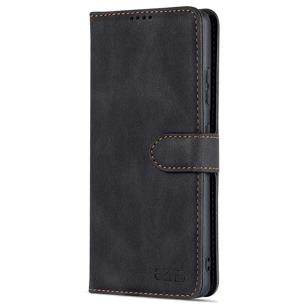 AZNS Magnetic Closure PU Leather Flip Wallet Case Stand Shockproof TPU Inner Shell Phone Cover for Samsung Galaxy S21 Ultra 5G - Black - 2