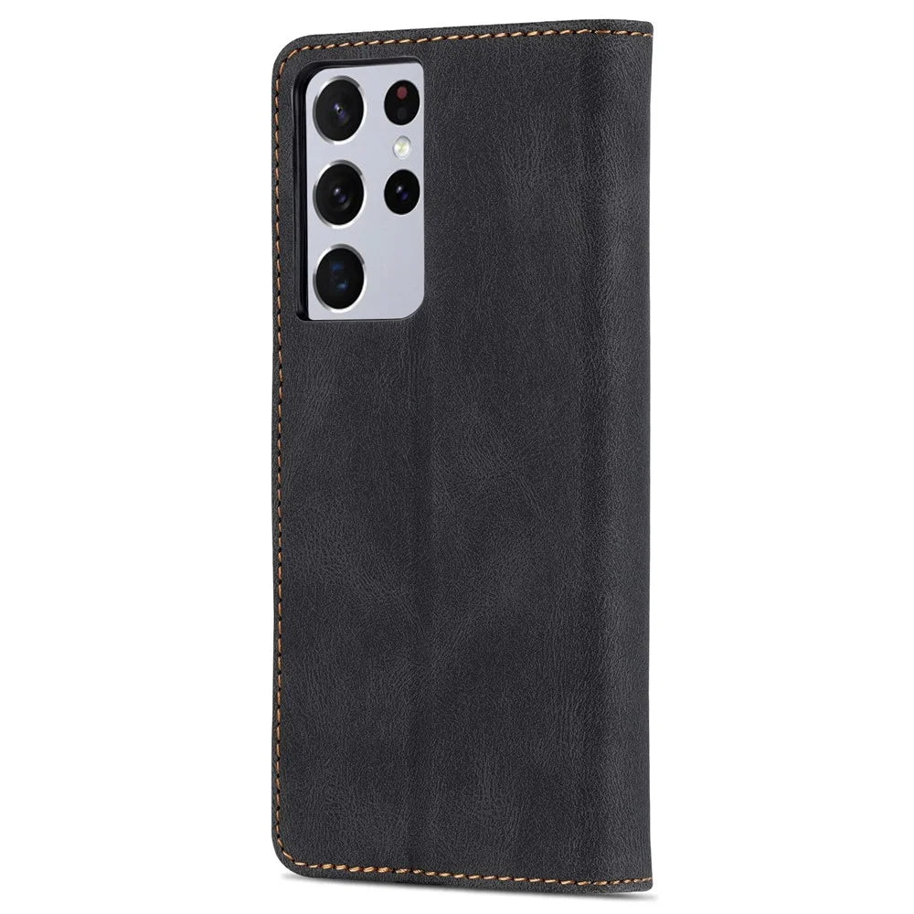 AZNS Magnetic Closure PU Leather Flip Wallet Case Stand Shockproof TPU Inner Shell Phone Cover for Samsung Galaxy S21 Ultra 5G - Black - 3