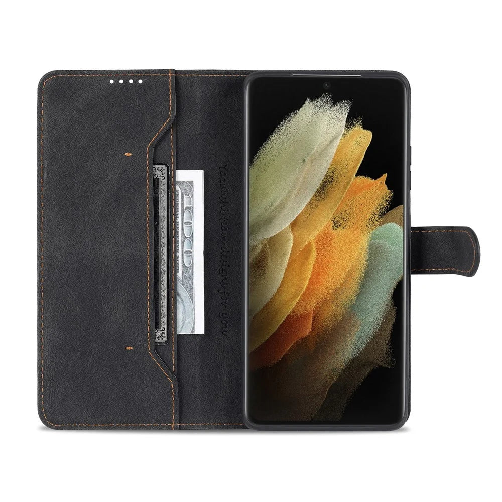 AZNS Magnetic Closure PU Leather Flip Wallet Case Stand Shockproof TPU Inner Shell Phone Cover for Samsung Galaxy S21 Ultra 5G - Black - 4