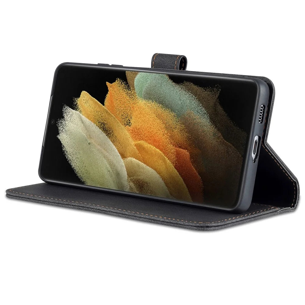 AZNS Magnetic Closure PU Leather Flip Wallet Case Stand Shockproof TPU Inner Shell Phone Cover for Samsung Galaxy S21 Ultra 5G - Black - 5