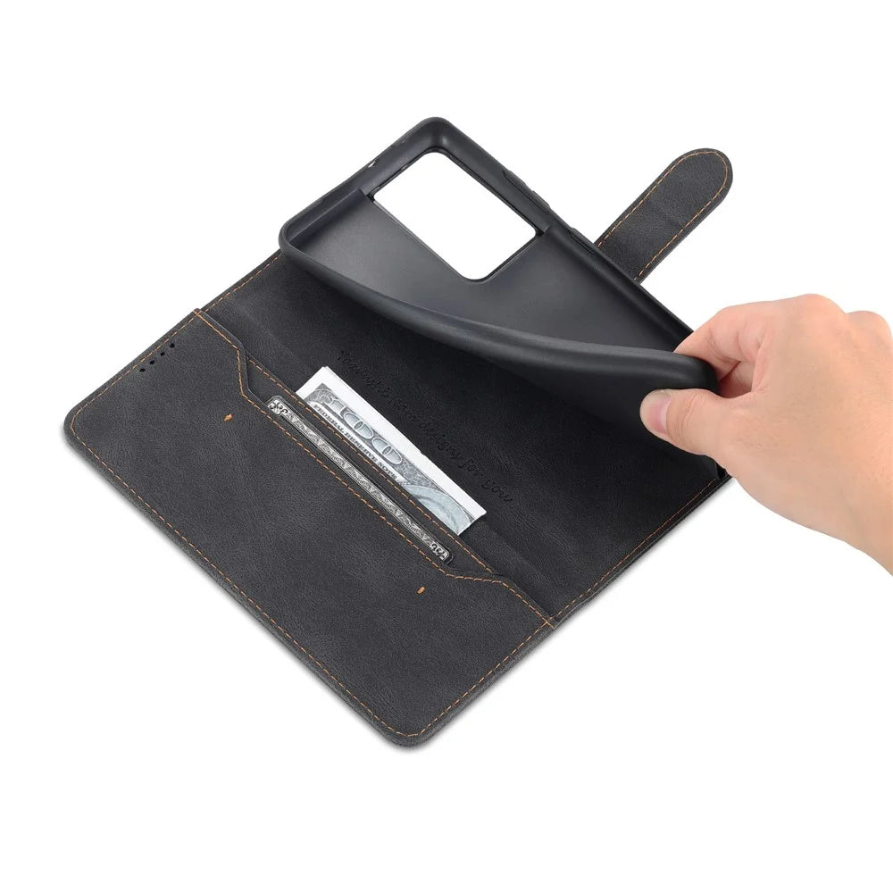 AZNS Magnetic Closure PU Leather Flip Wallet Case Stand Shockproof TPU Inner Shell Phone Cover for Samsung Galaxy S21 Ultra 5G - Black - 6