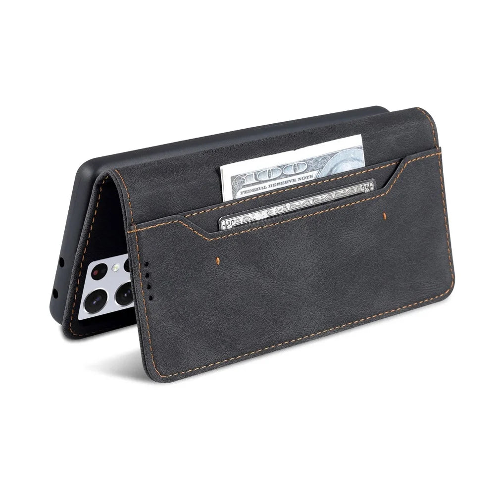 AZNS Magnetic Closure PU Leather Flip Wallet Case Stand Shockproof TPU Inner Shell Phone Cover for Samsung Galaxy S21 Ultra 5G - Black - 7