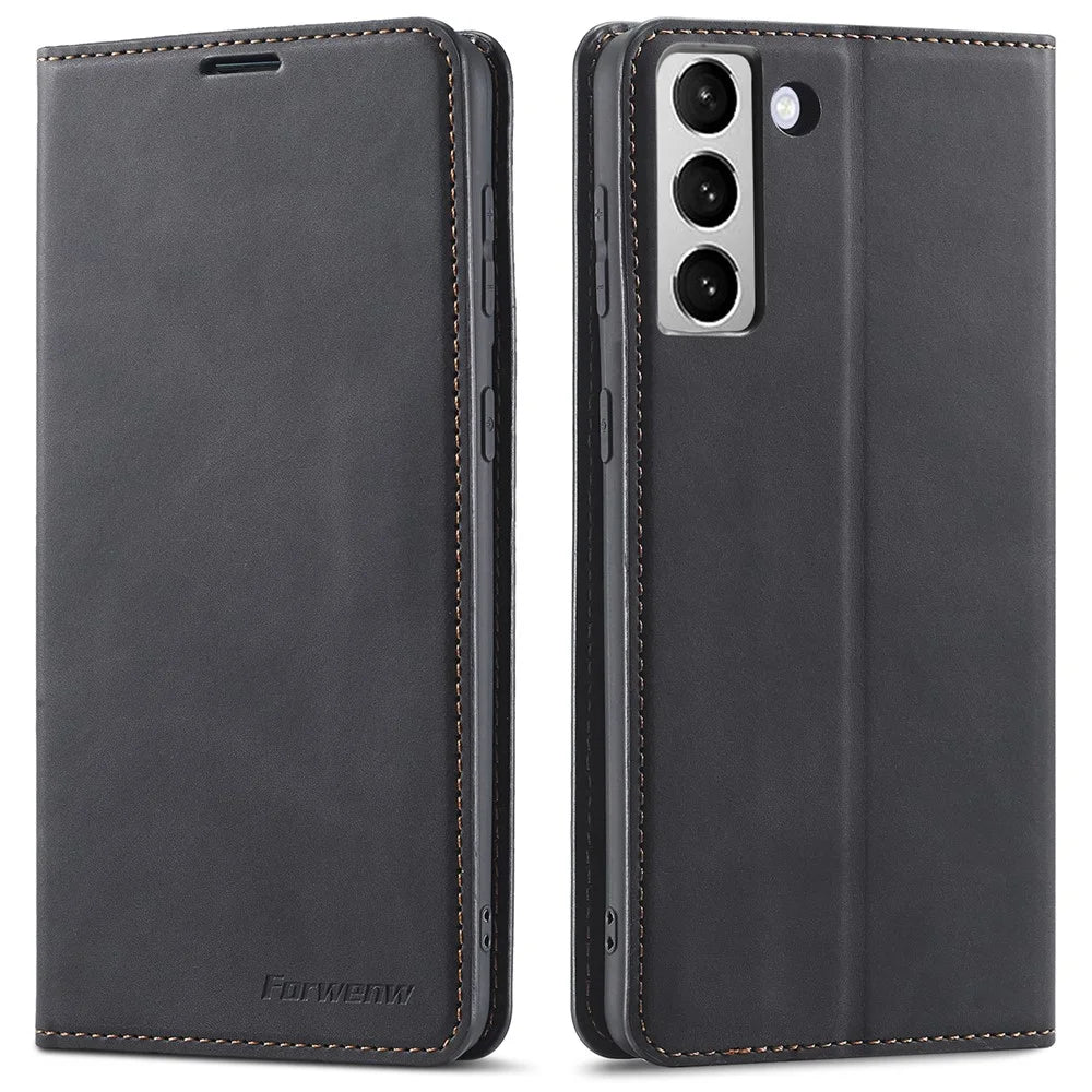 FORWENW Fantasy Series Soft TPU Inner Case Skin-touch PU Leather Cover with Wallet Stand for Samsung Galaxy S22+ 5G - Black - 1