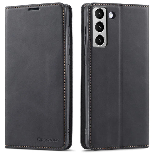 FORWENW Fantasy Series Soft TPU Inner Case Skin-touch PU Leather Cover with Wallet Stand for Samsung Galaxy S22+ 5G - Black - 1
