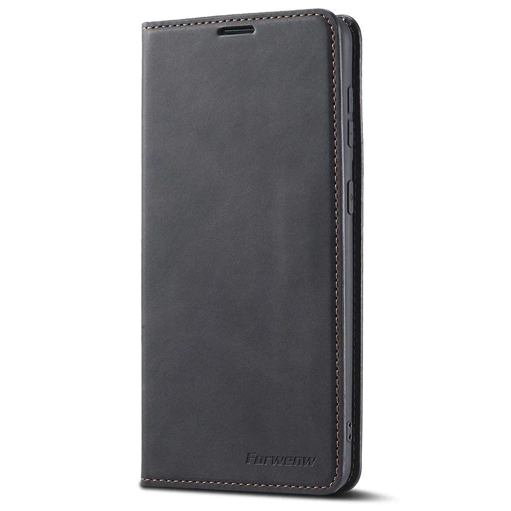 FORWENW Fantasy Series Soft TPU Inner Case Skin-touch PU Leather Cover with Wallet Stand for Samsung Galaxy S22+ 5G - Black - 2