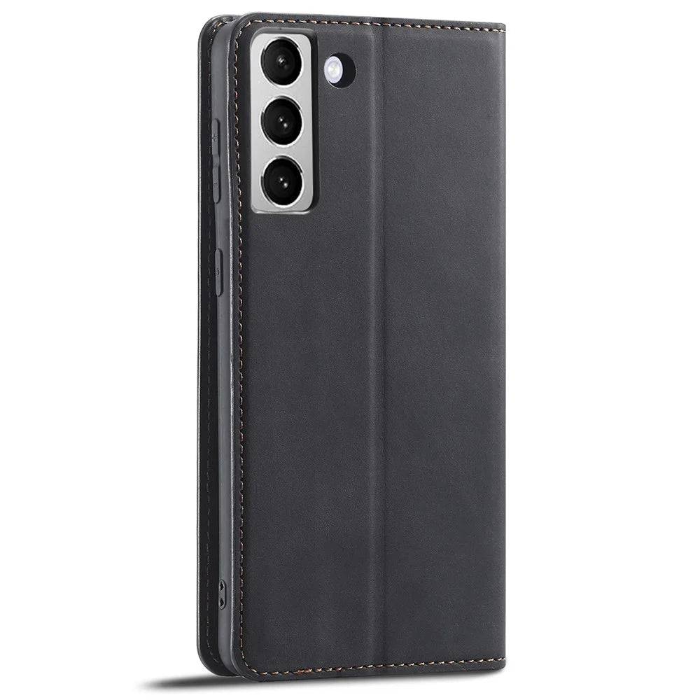 FORWENW Fantasy Series Soft TPU Inner Case Skin-touch PU Leather Cover with Wallet Stand for Samsung Galaxy S22+ 5G - Black - 3