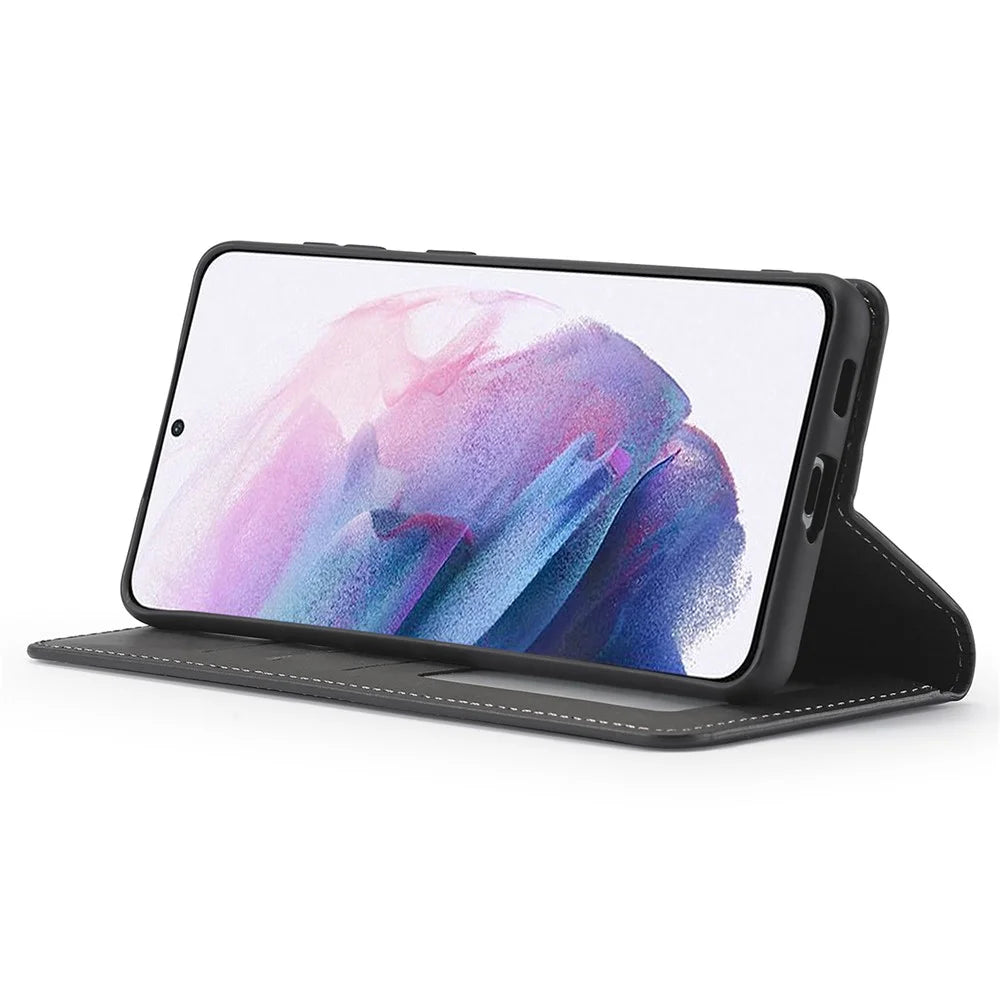 FORWENW Fantasy Series Soft TPU Inner Case Skin-touch PU Leather Cover with Wallet Stand for Samsung Galaxy S22+ 5G - Black - 4