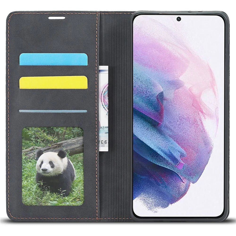 FORWENW Fantasy Series Soft TPU Inner Case Skin-touch PU Leather Cover with Wallet Stand for Samsung Galaxy S22+ 5G - Black - 5