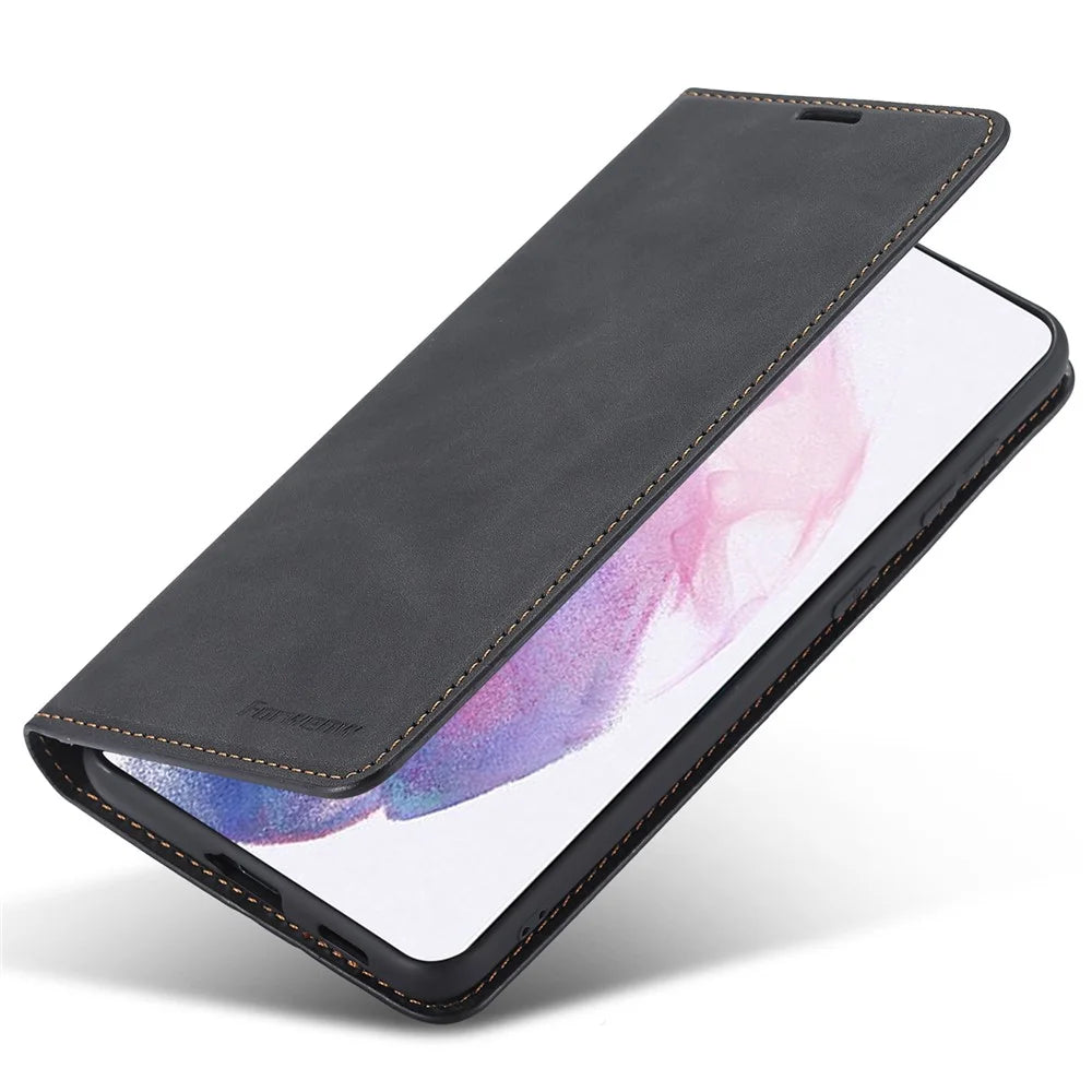 FORWENW Fantasy Series Soft TPU Inner Case Skin-touch PU Leather Cover with Wallet Stand for Samsung Galaxy S22+ 5G - Black - 6