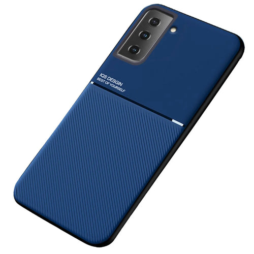 Car Mount Holder Metal Sheet Imprinting PU Leather + TPU Phone Case Shell for Samsung Galaxy S21+ 5G - Blue - 1