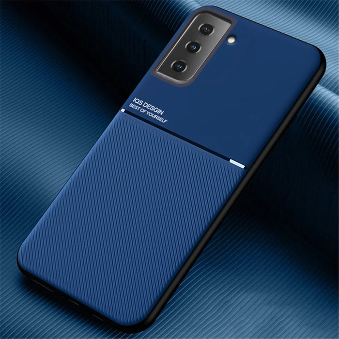 Car Mount Holder Metal Sheet Imprinting PU Leather + TPU Phone Case Shell for Samsung Galaxy S21+ 5G - Blue - 2