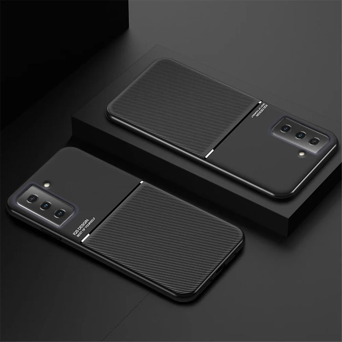 Car Mount Holder Metal Sheet Imprinting PU Leather + TPU Phone Case Shell for Samsung Galaxy S21+ 5G - Blue - 3