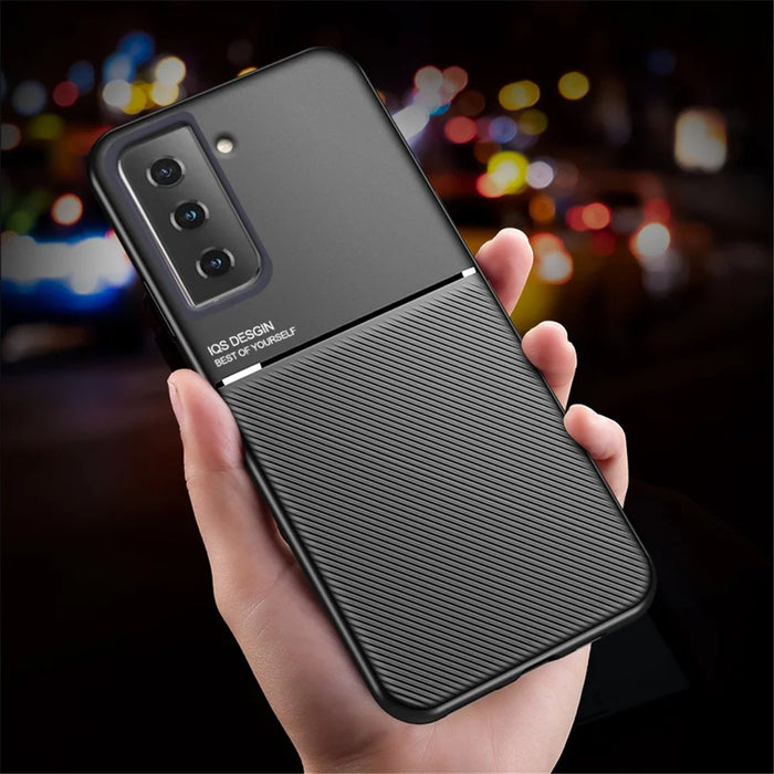 Car Mount Holder Metal Sheet Imprinting PU Leather + TPU Phone Case Shell for Samsung Galaxy S21+ 5G - Blue - 6