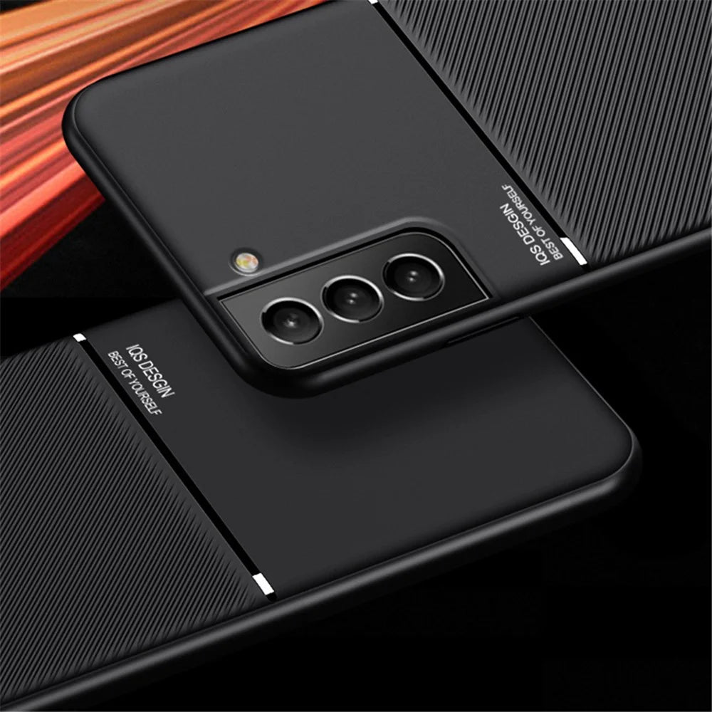 Business Style Anti-fall Phone Case TPU + PU Leather Shockproof Phone Cover with Built-in Magnetic Metal Sheet for Samsung Galaxy S22 5G - Blue - 6