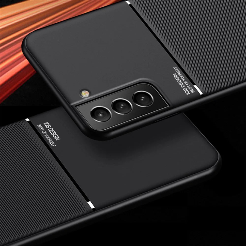 Built-in Magnetic Metal Sheet Mobile Phone Case TPU + PU Leather Shockproof Mobile Phone Covering for Samsung Galaxy S22+ 5G - Black - 5
