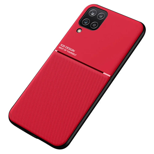 Textured Light Slim Phone Case TPU + PU Leather Anti-scratch Mobile Phone Cover with Built-in Magnetic Metal Sheet for Samsung Galaxy A12 - Red - 1