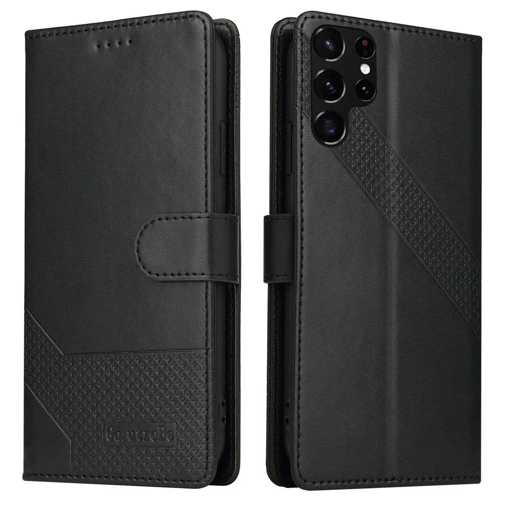 GQ.UTROBE 009 Series Splicing PU Leather + TPU Phone Cover Stand Wallet Case for Samsung Galaxy S22 Ultra 5G - Black - 1