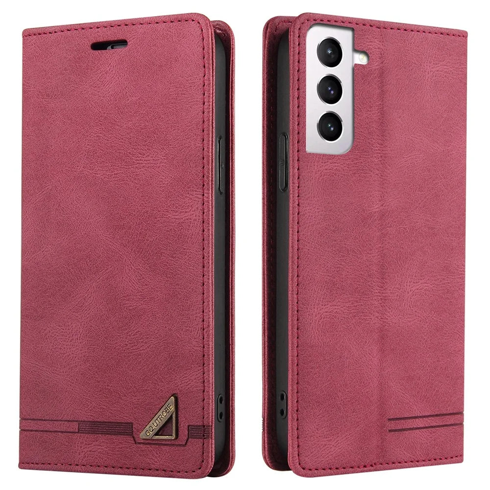 GQ.UTROBE 008 Series RFID Blocking Anti-swiping PU Leather Cover Magnetic Auto-absorbed Phone Case with Stand Wallet for Samsung Galaxy S22 5G - Wine Red - 1