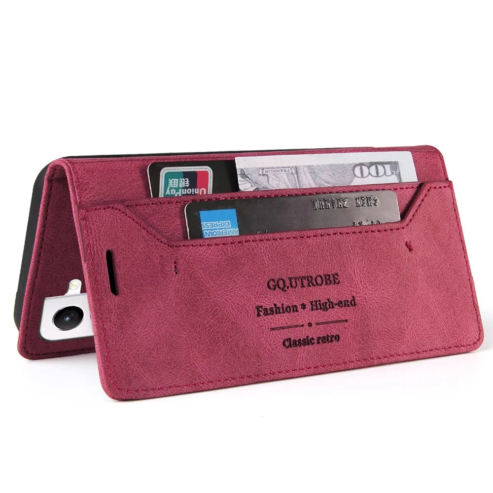 GQ.UTROBE 008 Series RFID Blocking Anti-swiping PU Leather Cover Magnetic Auto-absorbed Phone Case with Stand Wallet for Samsung Galaxy S22 5G - Wine Red - 4
