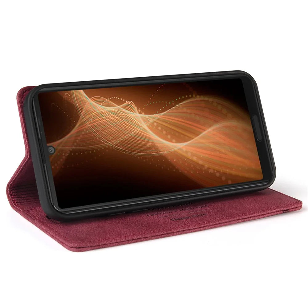 GQ.UTROBE 008 Series RFID Blocking Anti-swiping PU Leather Cover Magnetic Auto-absorbed Phone Case with Stand Wallet for Samsung Galaxy S22 5G - Wine Red - 5