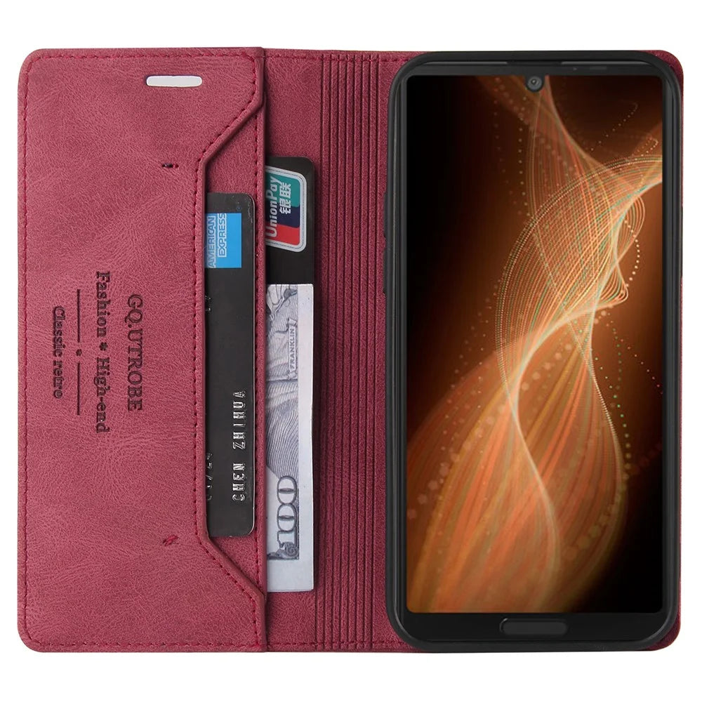 GQ.UTROBE 008 Series RFID Blocking Anti-swiping PU Leather Cover Magnetic Auto-absorbed Phone Case with Stand Wallet for Samsung Galaxy S22 5G - Wine Red - 6