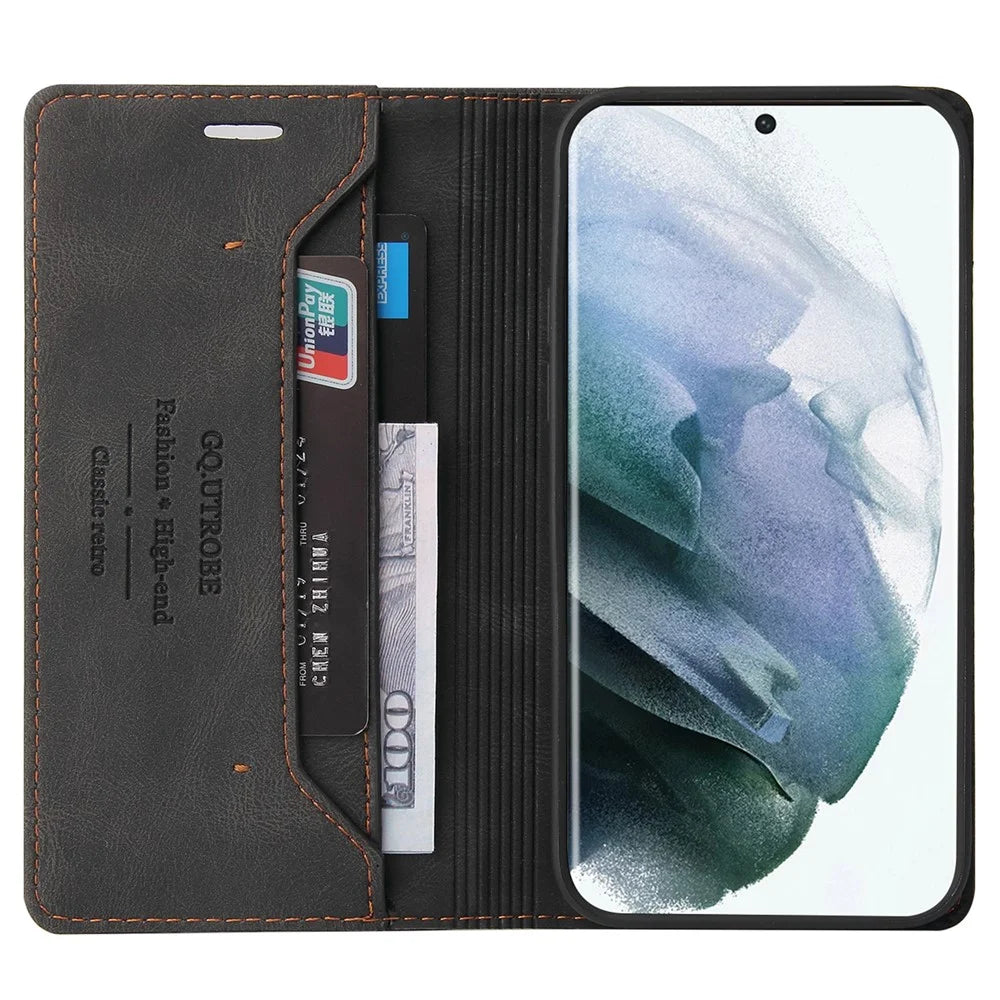 GQ.UTROBE 008 Series RFID Blocking PU Leather Cover Skin Touch Magnetic Auto-absorbed Anti-fall Phone Case with Stand Wallet for Samsung Galaxy S22 Ultra 5G - Black - 6