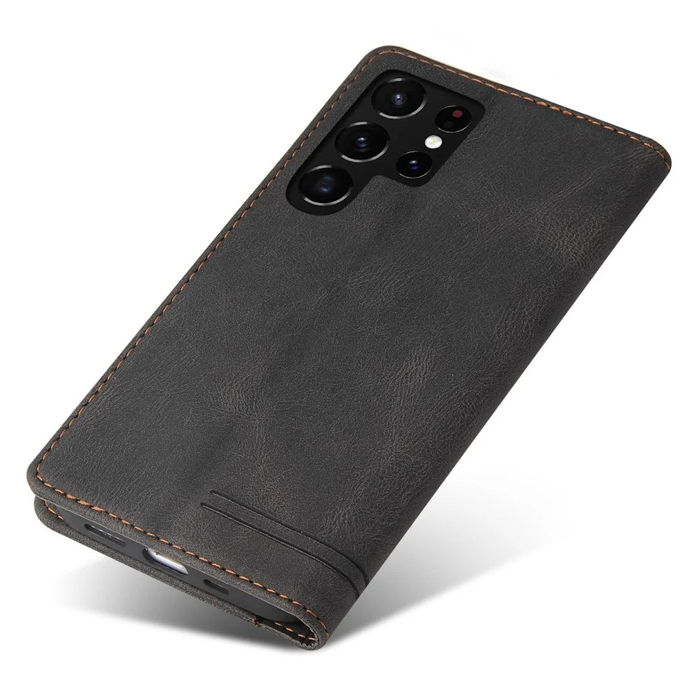 GQ.UTROBE 008 Series RFID Blocking PU Leather Cover Skin Touch Magnetic Auto-absorbed Anti-fall Phone Case with Stand Wallet for Samsung Galaxy S22 Ultra 5G - Black - 7