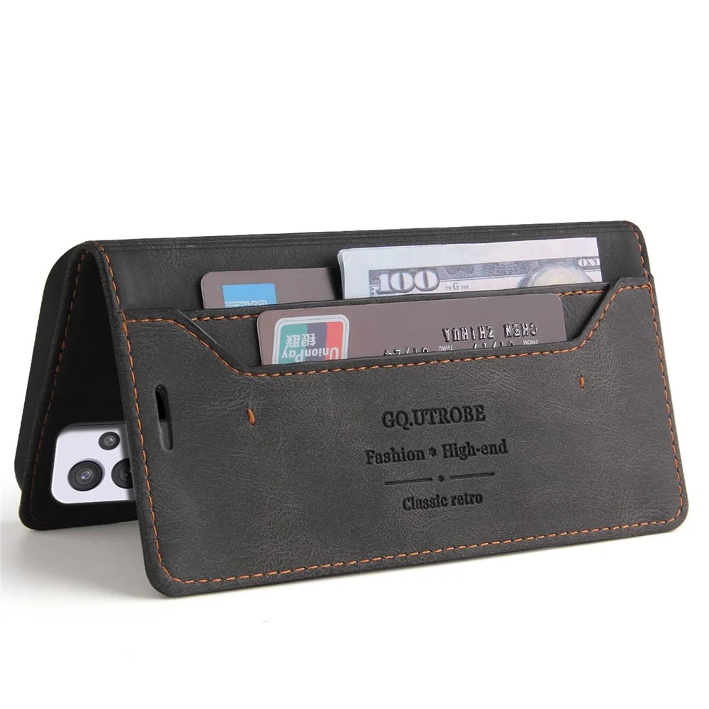 GQ.UTROBE 008 Series Stand Wallet Function RFID Blocking Anti-swiping Phone Case Skin Touch PU Leather Magnetic Auto-absorbed Cover for Samsung Galaxy A33 5G - Black - 5