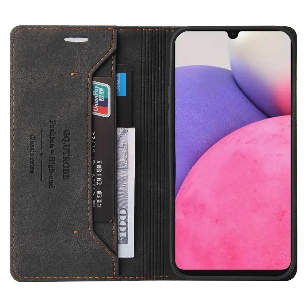 GQ.UTROBE 008 Series Stand Wallet Function RFID Blocking Anti-swiping Phone Case Skin Touch PU Leather Magnetic Auto-absorbed Cover for Samsung Galaxy A33 5G - Black - 6