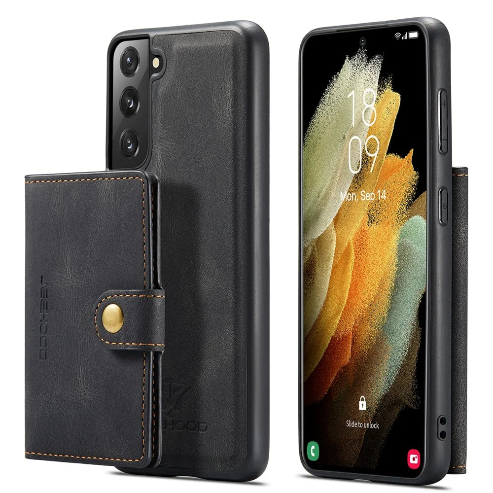 JEEHOOD Magnetic Wallet Detachable 2-in-1 Phone Case Shockproof Leather Coated TPU Cover for Samsung Galaxy S21 FE 5G - Black - 1