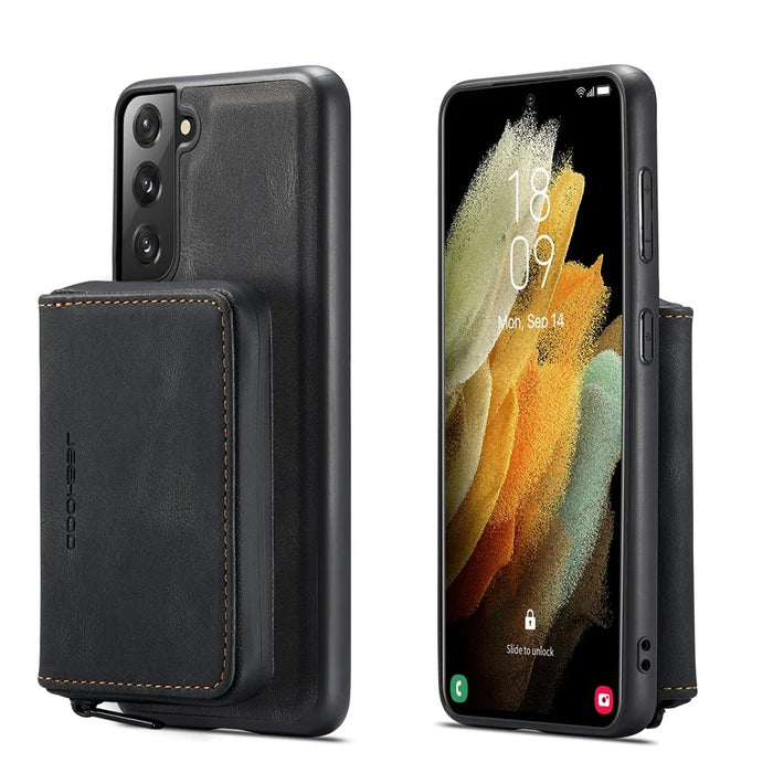 JEEHOOD Kickstand Design Leather Coated TPU Phone Case with Detachable Magnetic Zipper Wallet for Samsung Galaxy S22 5G - Black - 1
