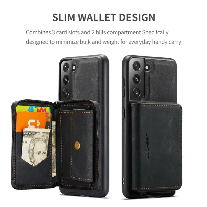 JEEHOOD Kickstand Design Leather Coated TPU Phone Case with Detachable Magnetic Zipper Wallet for Samsung Galaxy S22 5G - Black - 2