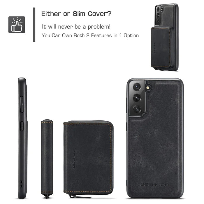 JEEHOOD Kickstand Design Leather Coated TPU Phone Case with Detachable Magnetic Zipper Wallet for Samsung Galaxy S22 5G - Black - 4
