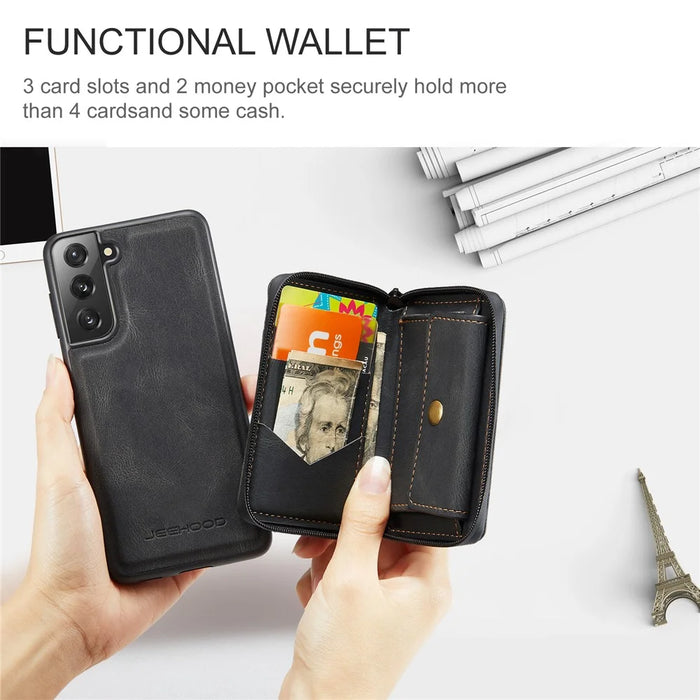 JEEHOOD Kickstand Design Leather Coated TPU Phone Case with Detachable Magnetic Zipper Wallet for Samsung Galaxy S22 5G - Black - 5