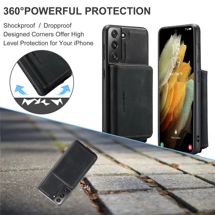 JEEHOOD Kickstand Design Leather Coated TPU Phone Case with Detachable Magnetic Zipper Wallet for Samsung Galaxy S22 5G - Black - 6