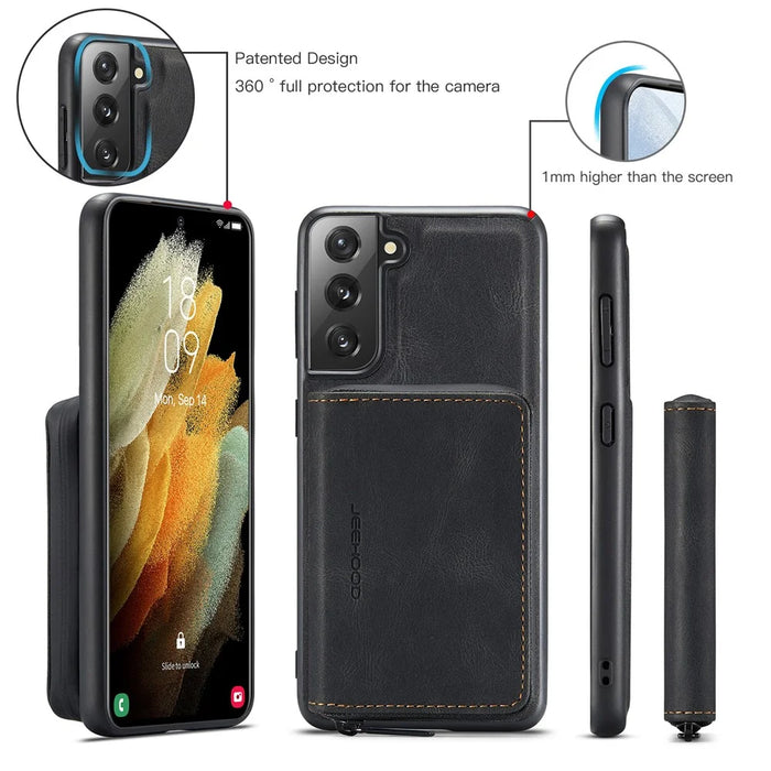 JEEHOOD Kickstand Design Leather Coated TPU Phone Case with Detachable Magnetic Zipper Wallet for Samsung Galaxy S22 5G - Black - 7