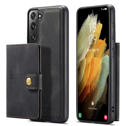 JEEHOOD Detachable -2-in-1 Wallet Kickstand Design Leather Coated TPU Phone Case for Samsung Galaxy S22 5G - Black - 1