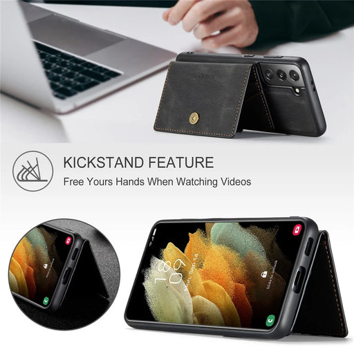 JEEHOOD Detachable -2-in-1 Wallet Kickstand Design Leather Coated TPU Phone Case for Samsung Galaxy S22 5G - Black - 2