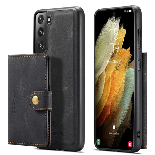 JEEHOOD Magnetic Absorption Detachable Wallet + Leather Coated TPU Cover Phone Case with Kickstand for Samsung Galaxy S22+ 5G - Black - 1