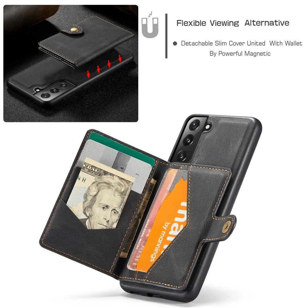 JEEHOOD Magnetic Absorption Detachable Wallet + Leather Coated TPU Cover Phone Case with Kickstand for Samsung Galaxy S22+ 5G - Black - 6