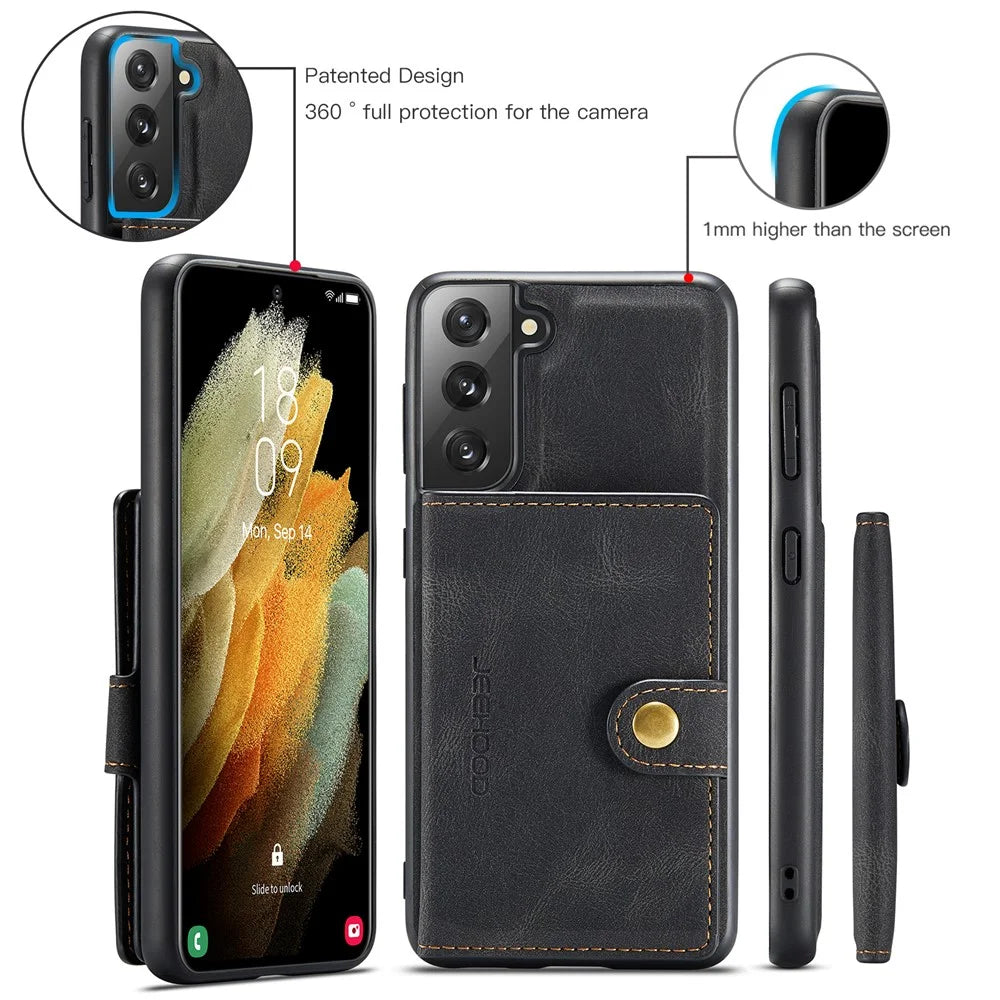JEEHOOD Magnetic Absorption Detachable Wallet + Leather Coated TPU Cover Phone Case with Kickstand for Samsung Galaxy S22+ 5G - Black - 7
