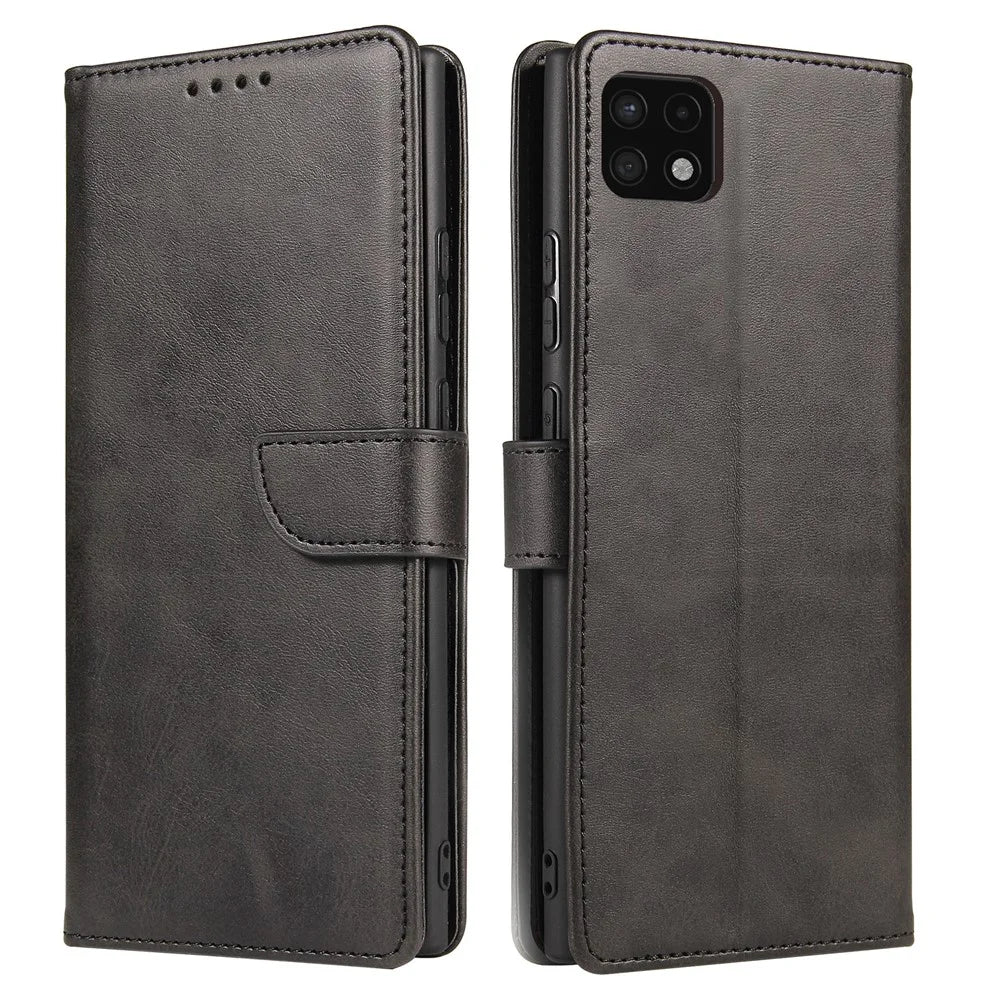 Textured Well-protected PU Leather + Soft TPU Phone Cover Dual-sided Magnetic Clasp Stand Case with Wallet for Samsung Galaxy A22 5G (EU Version) - Black - 1